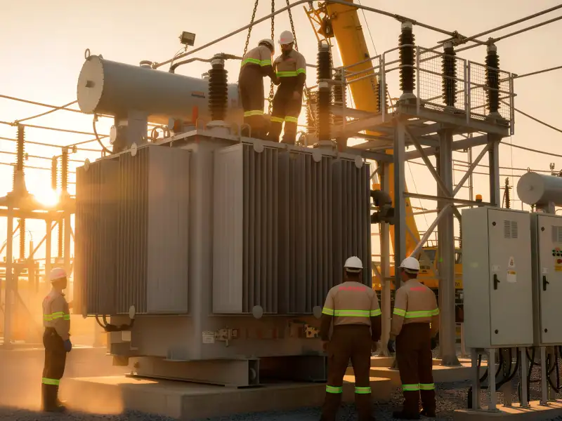 Técnicos em subestação de usina de energia solar